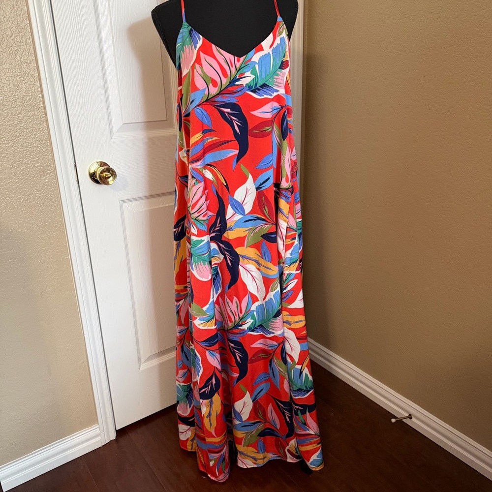 Nicole Miller Red Tropical Leaf Spaghetti-Strap Maxi Dress w pockets!